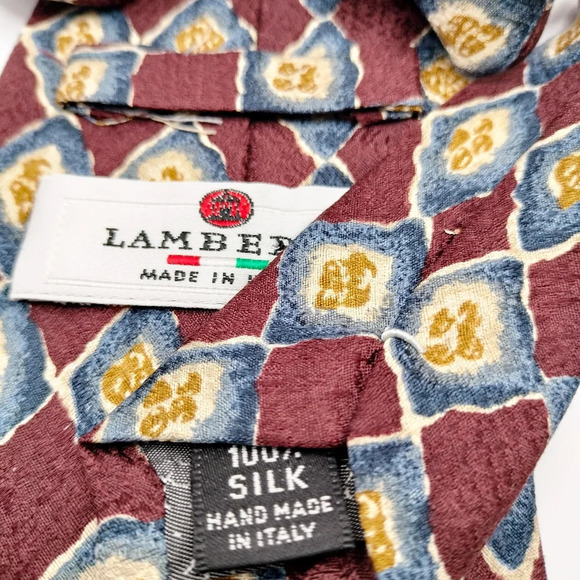 Lamberti Men's Tie Silk Maroon Blue Gold Geometric Pattern Made in Italy - Picture 5 of 8